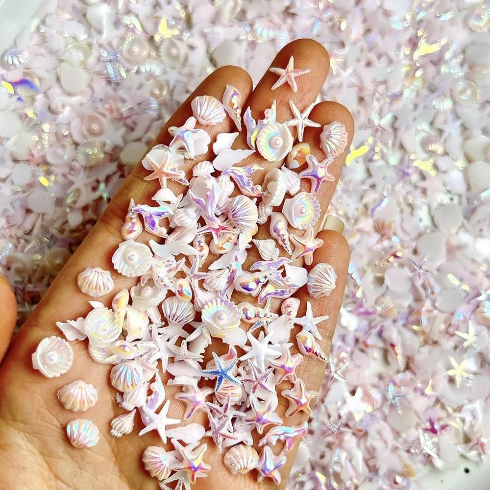 50pcs Mix Summer Beach Nail Rhinestones Ocean Theme Shell Starfish Manicure Charms Pink Ocean Gems Flat Back Nail Supplies